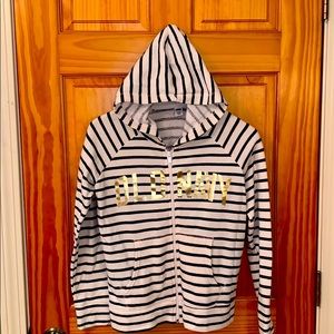 navel and white stripped zip-up sweatshirt